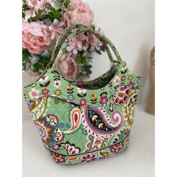 Vintage Paisley Green Flowers Soft Sided Insulated Lunch Box Bag Top Handles EUC - Picture 3 of 12